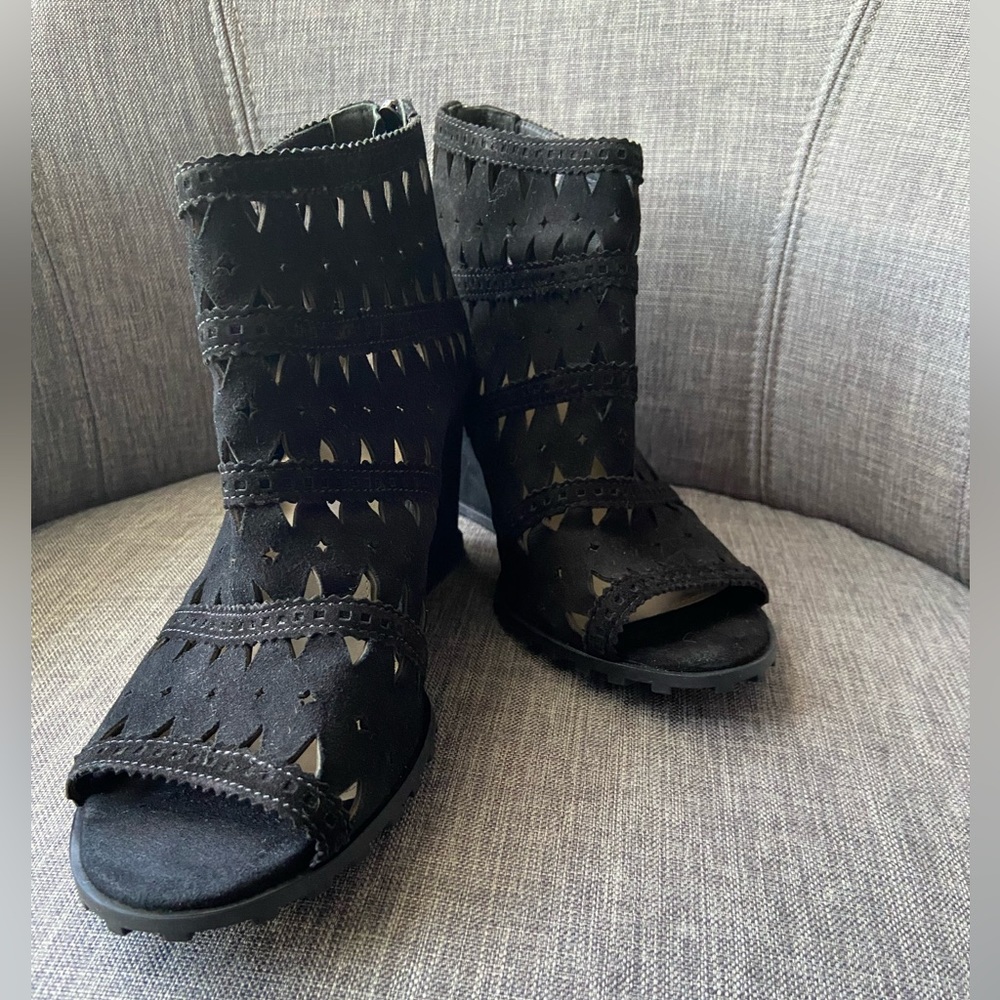 Via Spiga Latonya Geo Laser Cutout Open Toe Black Suede Wedge Bootie.